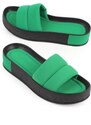 Capone Outfitters Capone Women's Quilted Strap, Colorful Detailed Wedge Heel Matte Satin Green Women's Slippers.