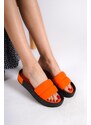 Capone Outfitters Capone Quilted Strap, Colorful Detailed Wedge Heel Matte Satin Orange Women's Slippers.