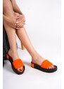 Capone Outfitters Capone Quilted Strap, Colorful Detailed Wedge Heel Matte Satin Orange Women's Slippers.