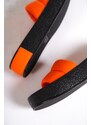 Capone Outfitters Capone Quilted Strap, Colorful Detailed Wedge Heel Matte Satin Orange Women's Slippers.