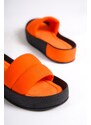 Capone Outfitters Capone Quilted Strap, Colorful Detailed Wedge Heel Matte Satin Orange Women's Slippers.