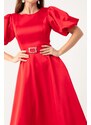 Lafaba Dámské červené balónové rukávy Stony Belted Mini saténové večerní šaty