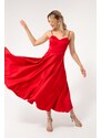 Lafaba Women's Red Thin Straps Midi Satin Evening Dress.