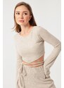 Lafaba Women's Beige Tie Detailed Knitted Crop