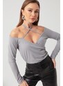 Lafaba Women's Gray Tie Knitted Blouse