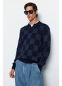 Trendyol Men's Navy Blue-Indigo Regular Fit Checkered Polo Neck Knitwear Sweater