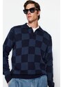 Trendyol Men's Navy Blue-Indigo Regular Fit Checkered Polo Neck Knitwear Sweater