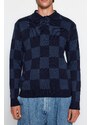 Trendyol Men's Navy Blue-Indigo Regular Fit Checkered Polo Neck Knitwear Sweater