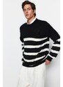 Trendyol Black Unisex Oversize Fit Wide Fit Hair Knit Striped Anti-Pilling Knitwear Sweater