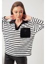 Lafaba Women's Black Shirt Collar Striped Blouse