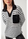 Lafaba Women's Black Shirt Collar Striped Blouse