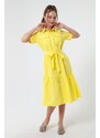 Lafaba Women's Yellow Covered Buttons and Belted Dress Wide Sizes