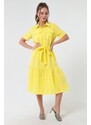 Lafaba Women's Yellow Covered Buttons and Belted Dress Wide Sizes