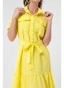 Lafaba Women's Yellow Covered Buttons and Belted Dress Wide Sizes