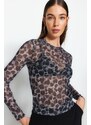 Trendyol Black Printed Tulle Fitted/Simple Crop, Stretchy Knit Blouse