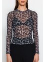 Trendyol Black Printed Tulle Fitted/Simple Crop, Stretchy Knit Blouse