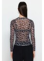 Trendyol Black Printed Tulle Fitted/Simple Crop, Stretchy Knit Blouse