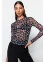 Trendyol Black Printed Tulle Fitted/Simple Crop, Stretchy Knit Blouse