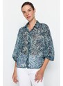 Trendyol Blue Paisley Pattern Transparent Oversize/Wide Fit Woven Shirt