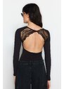 Trendyol Black Decollete Lace Detailed Long Sleeve Cotton Elastic Snap Snap Knitted Body