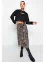 Trendyol Brown Elastic Waist, Printed Midi-Length Lined Tulle Knitted Skirt