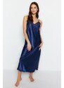 Trendyol Indigo Satin Lace and Slit Detailed Woven Nightgown