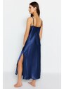 Trendyol Indigo Satin Lace and Slit Detailed Woven Nightgown