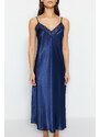 Trendyol Indigo Satin Lace and Slit Detailed Woven Nightgown