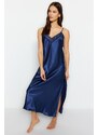 Trendyol Indigo Satin Lace and Slit Detailed Woven Nightgown