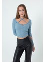 Lafaba Women's Blue Knitted Crop with Metallic Accessories