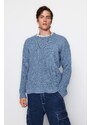 Trendyol Blue Oversize Fit Wide Fit Crew Neck Textured Basic Knitwear Sweater