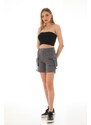 BİKELİFE Gray High Waist Flexible Denim Shorts With Pocket.