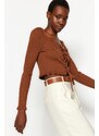 Trendyol Brown Crop Eyelet Detailed Knitwear Sweater