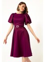 Lafaba Women's Plum Satin Evening Dress with Balloon Sleeves and Stones and a Belt.