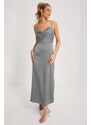 Madmext Gray Satin Scoop Neck Midi Dress