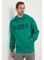 Bavlněná mikina BOSS BOSS ORANGE pánská, zelená barva, s kapucí, s potiskem