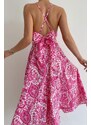 Madmext Pink Patterned Decollete Midi Length Dress