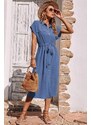 Madmext Blue Shirt Collar Long Dress