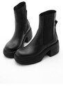 Marjin Women's Genuine Leather Daily Boots Thick Sole with Elastic Side Bands Fleece Black.