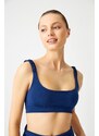 LOS OJOS Navy Blue Lightly Supported Drawstring Strap Detailed Covered Sports Bra