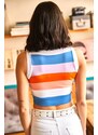 Olalook Women's Ecru Color Striped Crop Knitwear Blouse
