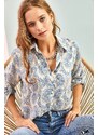 Bianco Lucci Women's Multi Leaf Patterned Viscose Shirt with Fold Sleeves.