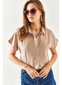 Olalook Women's Milk Coffee Bat Oversize Linen Shirt