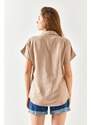 Olalook Women's Milk Coffee Bat Oversize Linen Shirt