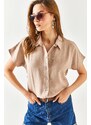 Olalook Women's Milk Coffee Bat Oversize Linen Shirt