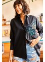Olalook Women's Black Palm Sequin Detailed Oversize Woven Poplin Shirt