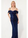 Lafaba Women's Navy Blue Slim Straps Double Breasted Collar With Slits Long Evening Dress.