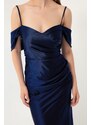 Lafaba Women's Navy Blue Slim Straps Double Breasted Collar With Slits Long Evening Dress.