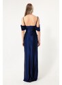 Lafaba Women's Navy Blue Slim Straps Double Breasted Collar With Slits Long Evening Dress.