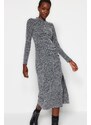 Trendyol Anthracite Crew Neck Fluffy Midi Slit and Gathered Detail Fitted Knitted Dress